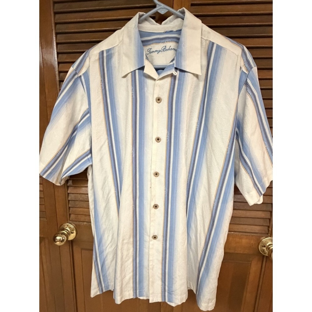 Tommy Bahama Silk Cotton Camp Shirt Large Blue Stripe Resort Coastal Dadcore